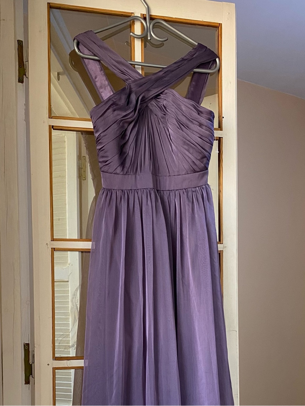 Monique Lhuillier Maxi Lavender Cross-Strap Pleated Chiffon Gown